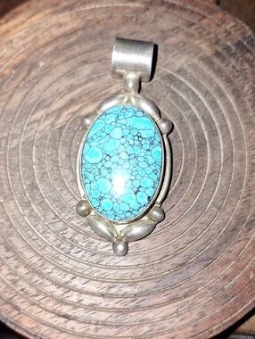 Oval Turquoise Pendant Necklace — Blue Stone in Silver-Tone Setting